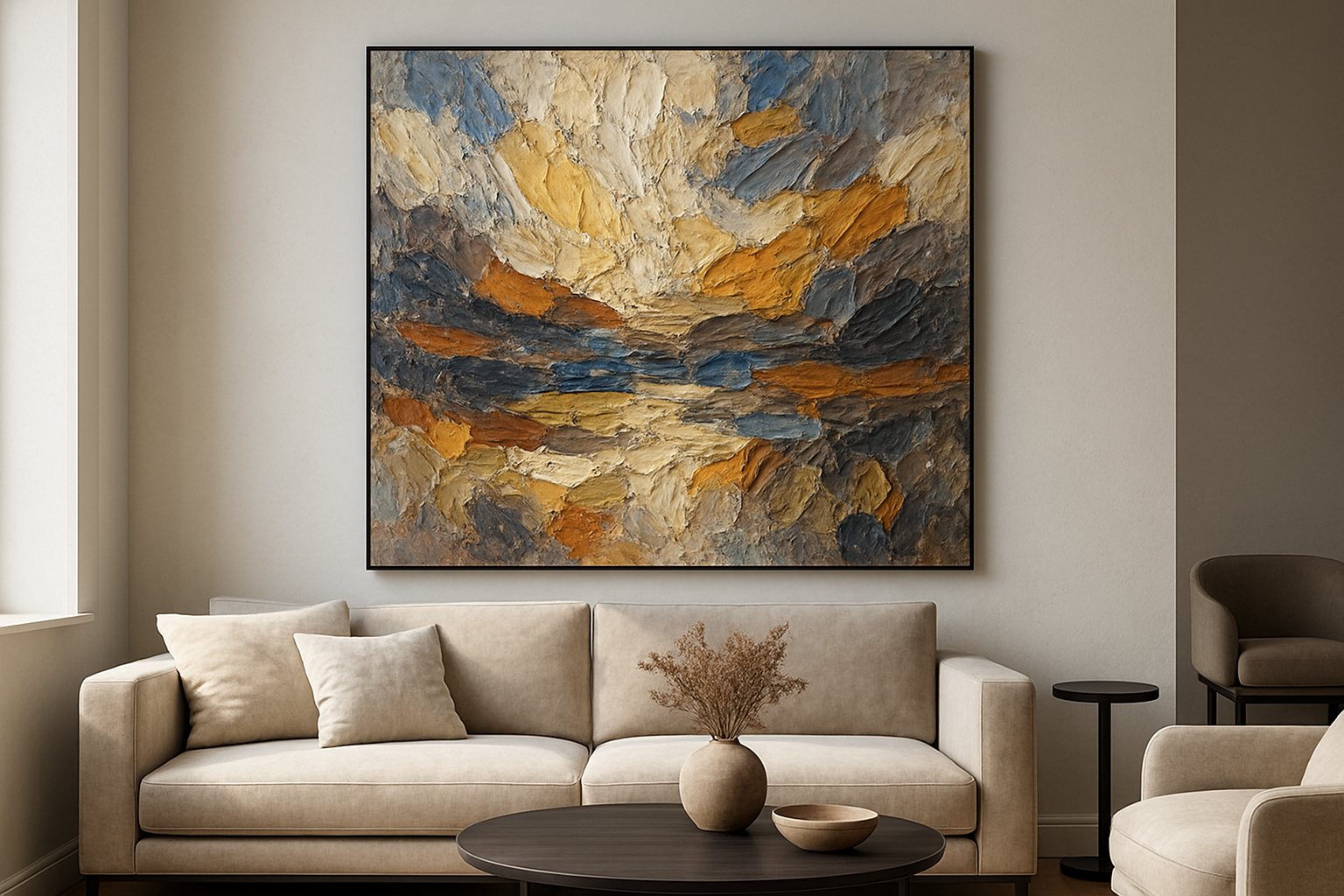 a heavily textured painting on a wall in a living room
