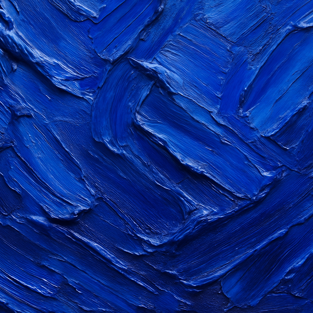 A blue painting made with very thick paint that is smeared on to the canvas