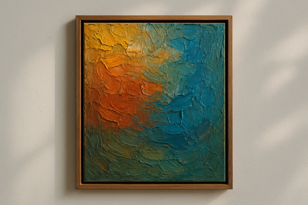 A textured painting hanging on a wall